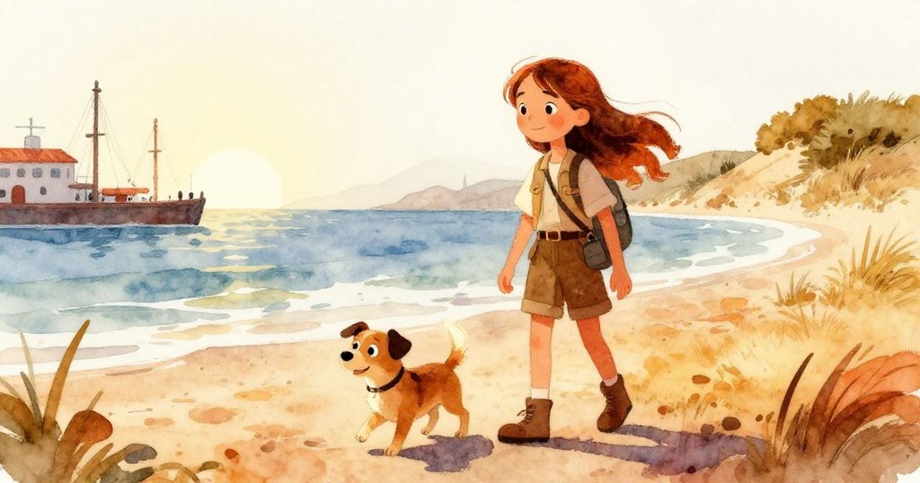 米婭與她的狗馬克斯在海邊眺望遠方,充滿夢想,晨光照映海岸,展現出希望與冒險之意。