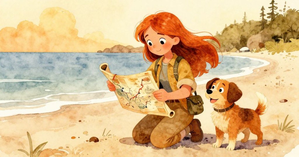 米婭在港口沙灘上發現古老訊息,專注查看藏有神秘路線的地圖,狗狗馬克斯旁邊陪伴,呈現探索新發現之情。