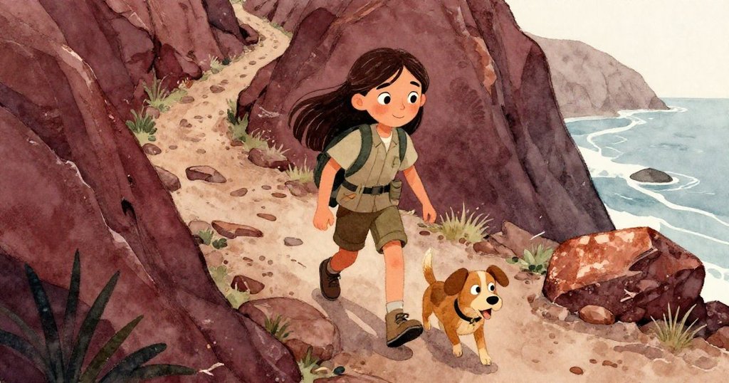 米婭在崎嶇岩岸上前行,從高處俯瞰她堅毅神情,狗狗馬克斯緊隨於後,展現出勇氣與成長的故事情節。