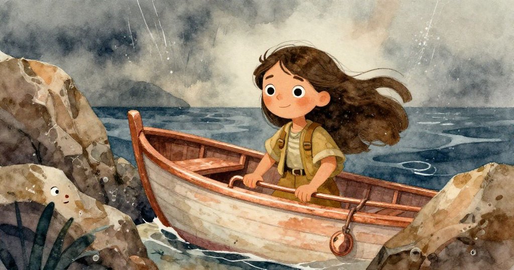 水下視角呈現小船擱於鋒利岩石旁,米婭從船欄展現堅定動作,水中光影交錯中透露著風暴後的希望。