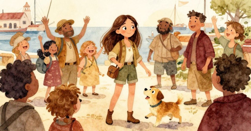 颱風過後,海邊村民歡慶米婭英勇歸來,狗狗馬克斯陪伴側身,笑容滿面慶祝成功與新希望。