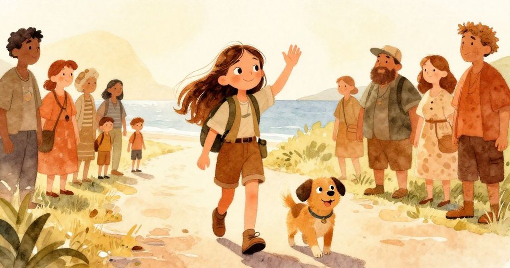 米婭與狗狗馬克斯向村民道別,踏上溫暖海岸小徑,夕陽柔光中展現未來希望與新旅程的開始。