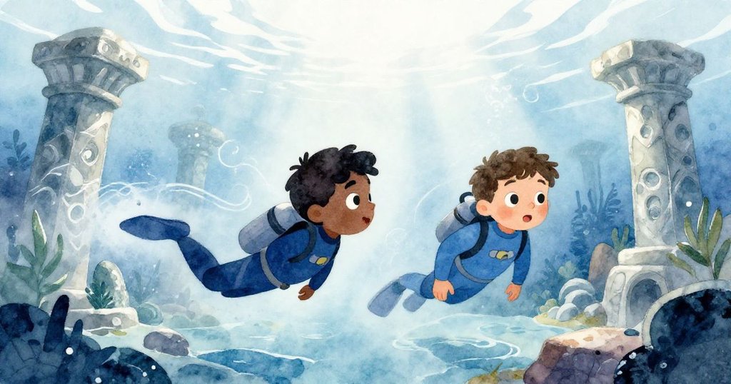 馬庫斯在湛藍海底逆光中潛水前進,背景中隱約顯現沈沒城市廢墟,他神情既夢想又堅定。