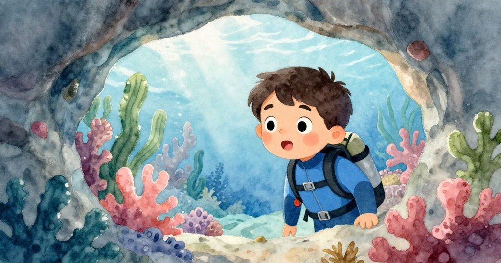 馬庫斯從天然洞口向外窺視,光影斑斕與繁茂珊瑚交織成迷人畫面,他滿懷驚奇探尋未知世界。