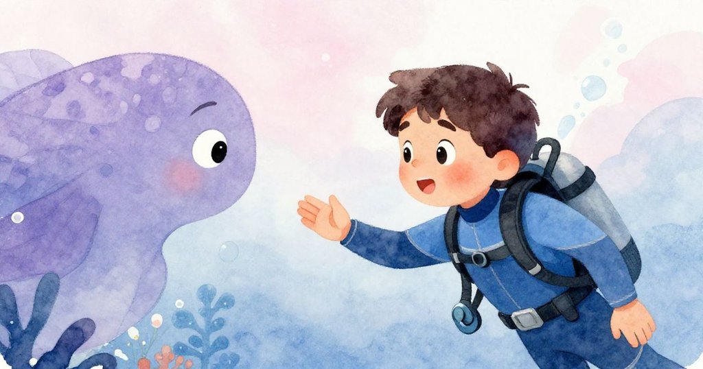 馬庫斯與神秘守護者溫柔互動,雙方伸出手勢表達友善,水中微光閃爍,呈現出詭秘而平和的氛圍。