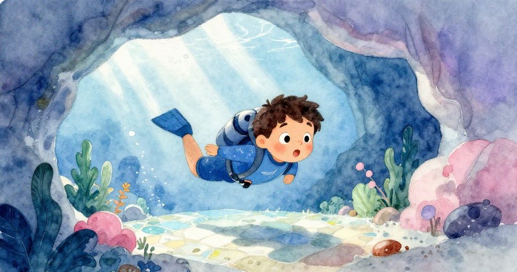 馬庫斯滿懷決心向著發光馬賽克的秘密洞穴前進,燦爛光芒與古老石壁輝映,充盈著希望與神秘氣息。