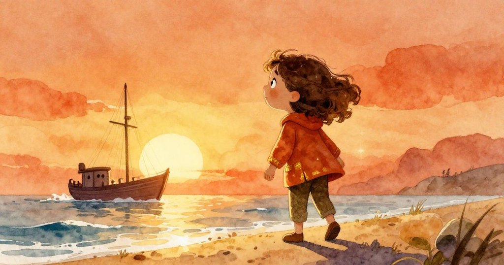 愛麗絲在黎明時分朝著準備好的船前進,海面平靜,晨光燦爛,展現出冒險與希望的心情