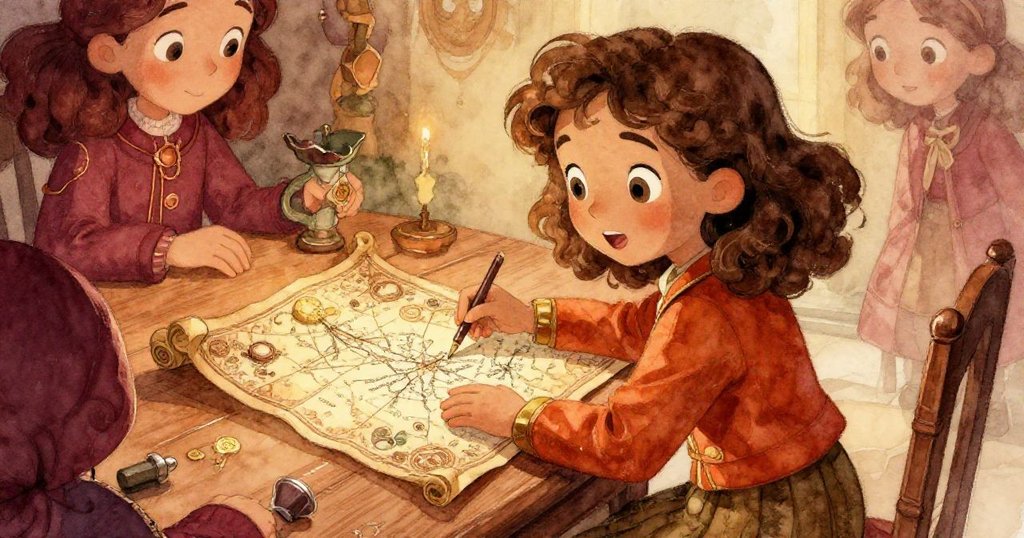 愛麗絲專注地查看一幅古老的地圖,指尖輕觸著木桌上精細的線條,充滿激動和好奇心