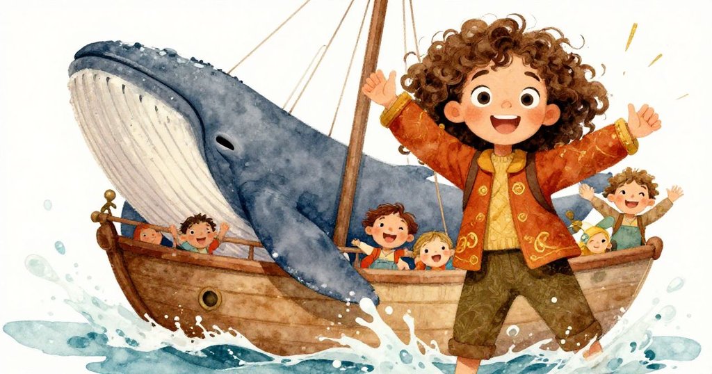 愛麗絲和船員們驚喜地看著一隻巨大的鯨魚在船旁嬉戲,水花四濺,場面充滿快樂與活力