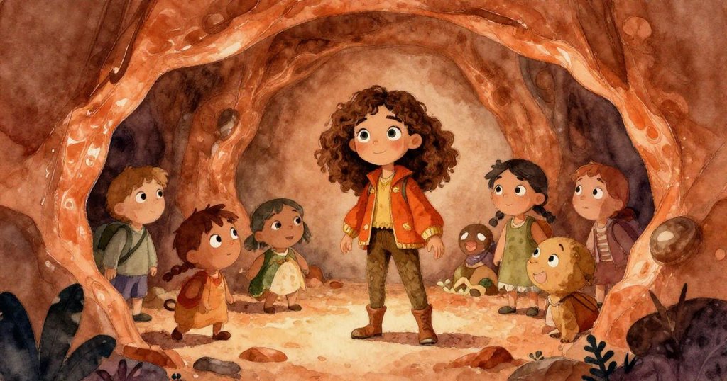 愛麗絲與夥伴們探索隱秘的海島洞穴,柔和光線穿透洞口,牆上自然紋理引發他們的好奇與驚嘆