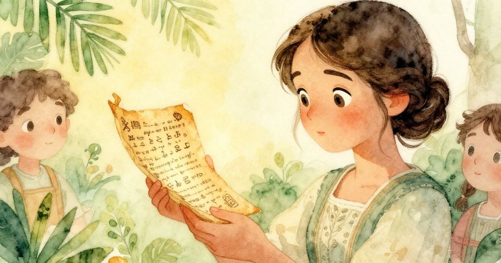 露西婭專注地從古舊抽屜中取出密碼信,細緻筆跡與神秘符號展露舊時隱情,手部特寫表現她的好奇心。