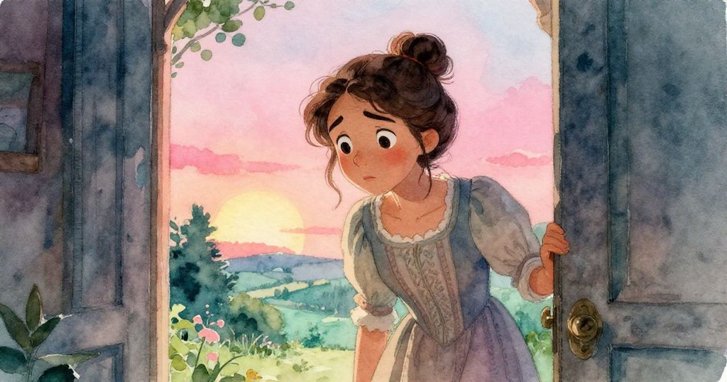 露西婭透過半掩之門望入昏暗走廊,表情中既有疑惑又帶著驚奇,柔和夕陽粉與海洋藍點綴神秘氛圍。