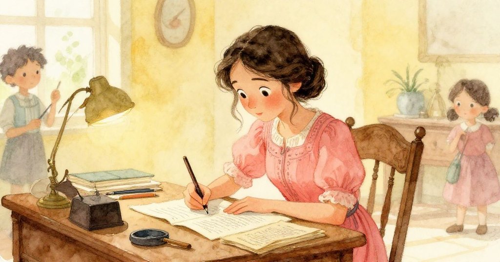 露西婭坐於古舊書桌前,專注記錄信件內容,桌上散落著手稿與筆,窗外透入溫暖光線,展現冷靜解謎氛圍。