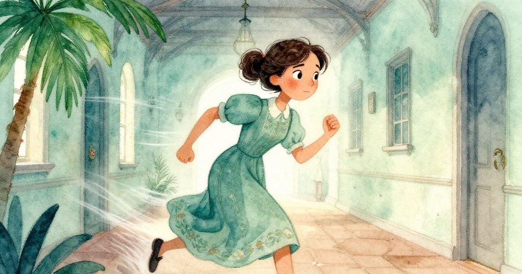 露西婭在古莊園長廊中快速前行,動態光跡隨後飄動,展現她跨越時空尋求真相的堅定步伐。