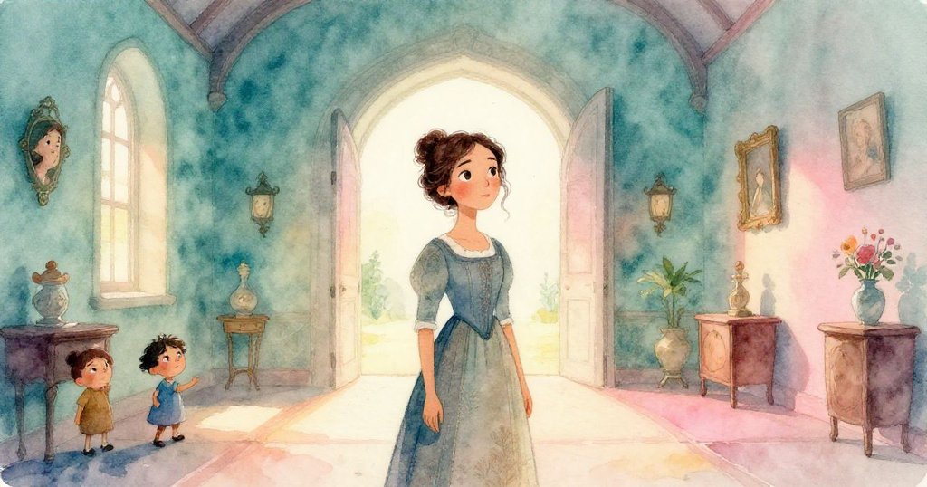 露西婭在莊園大廳中靜立微笑,柔和光影與歷史符號交織,展現她與過去和解並迎向光明未來。