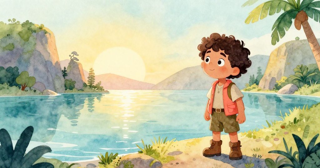 賽巴斯蒂安在清晨出發，隱約展示其身影於霧氣潟湖前，晨光與野生動物共襯，展現堅定好奇的新旅程