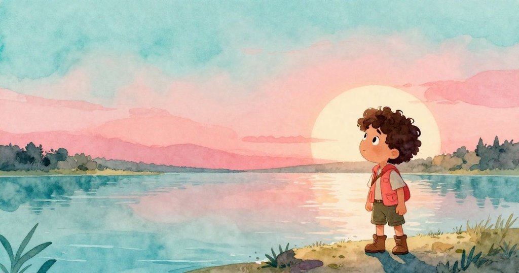 賽巴斯蒂安停在平靜的潟湖邊，身影位於畫面角落，遼闊水面與天空映出寧靜與探索的無盡可能