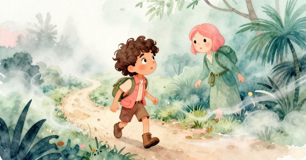 賽巴斯蒂安與神秘流浪者在旋轉迷霧中相遇，傾斜角度增添神秘感，兩人目光交會，充滿疑惑與小心翼翼的希望