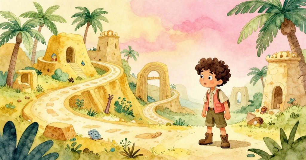 賽巴斯蒂安與導遊走經彎曲古跡之路，現實扭曲成夢幻幾何圖形，兩人仔細觀察歷史遺物，略顯神秘