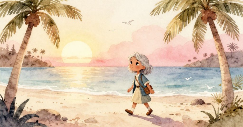 莉拉在清晨海岸探險,背景為金色曙光、古老棕櫚與海浪,她正邁步前行,滿懷期待與好奇。