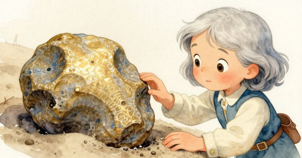 莉拉小心翼翼地用手檢查閃光化石,化石上精緻紋理在柔和光線中閃爍,背景呈現海邊氣息。