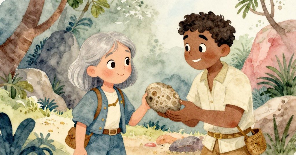 莉拉與嚮導在多層次岩石與叢林背景中討論神秘化石,兩人面露好奇神情,共同探索古老祕密。