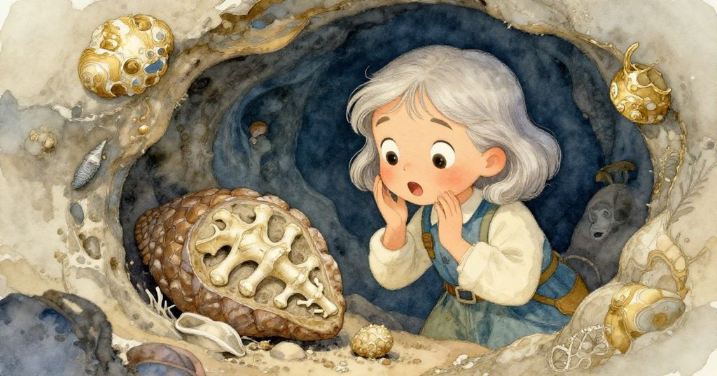 莉拉在隱蔽的潮濕角落檢查化石,發現其中隱藏著古老穿山甲骨骼,臉上流露驚訝與專注,環境充滿神秘質感。