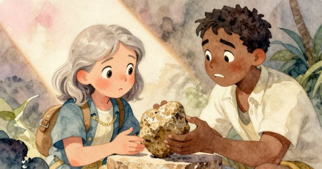 莉拉與嚮導在昏暗海邊談論古老化石,雙雙眼中透出緊張與期待,神情互動聚焦於揭示進化之謎。