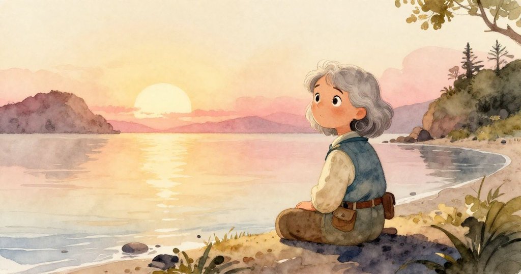 莉拉在夕陽下坐於海岸邊,凝望金色天空與平靜海面,充滿平和與希望,結束充滿奧秘的一天。