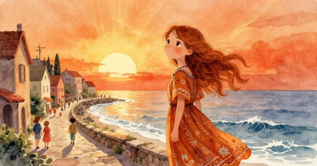 Aurora 站在海邊欣賞燦爛曙光，身旁是繁忙的小鎮和波光粼粼的海浪，臉上滿是好奇與喜悅。