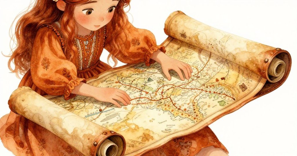 Aurora 仔細翻看古舊地圖，手指輕觸上面細緻路線，映照著溫暖金銅色光芒，流露出懷舊與探索的情懷。