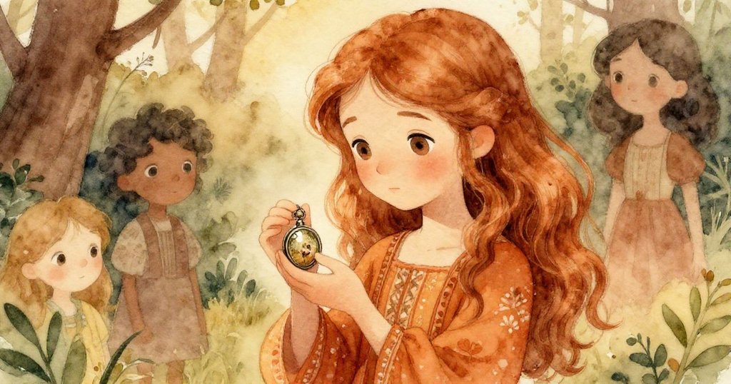 Aurora 低頭凝視懷舊小飾品，回憶起童年與冒險，面容流露溫柔與深情，背景呈現柔和金銅色調。