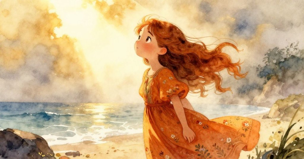 Aurora 捕捉到霧氣消散的瞬間，陽光穿透露出星點光芒，臉上滿是驚奇與期待，背景顯現迷人海岸景色。