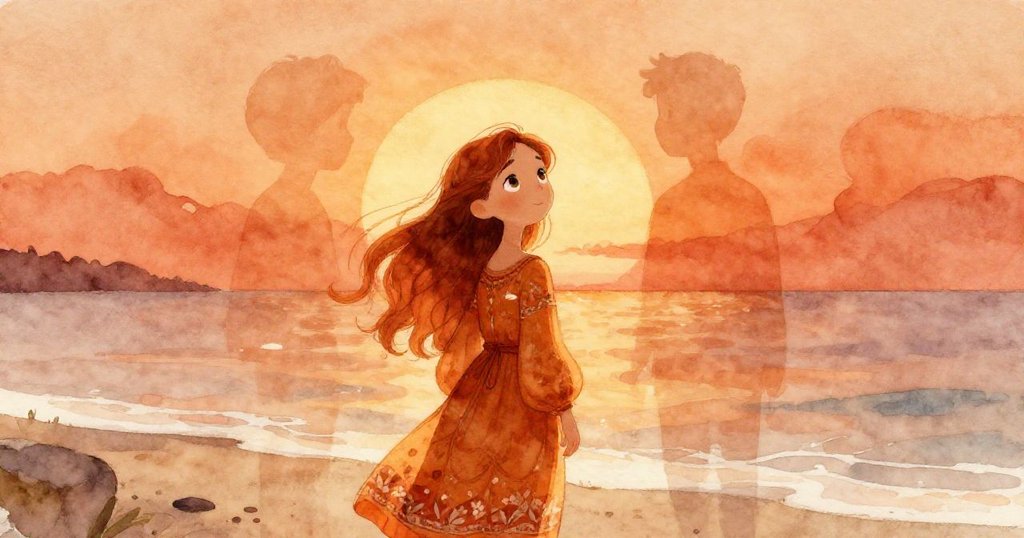 Aurora 站在夕陽下的海邊，面帶自信微笑，暖色光芒灑滿海面，背景隱約見到好友 Mateo，氛圍寧靜而充滿希望。