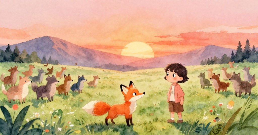 敘述者與狐狸在綠野中同行，周圍有小鳥與蝴蝶飛舞，遠山隱現，人物神情期待且興奮。