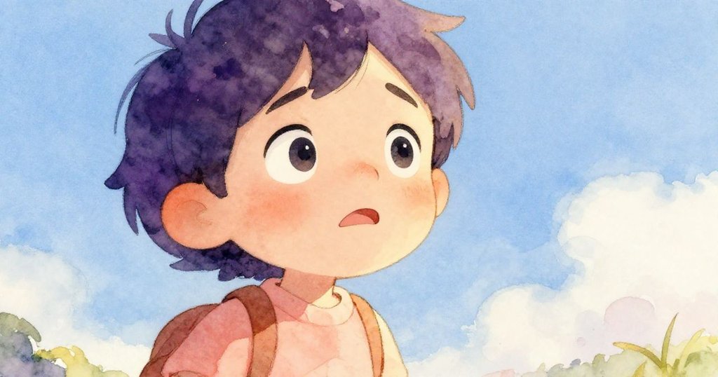 敘述者特寫面部沐浴金光，從憂慮到漸露微笑，背景藍天透出魔法氛圍，情感細膩表現。