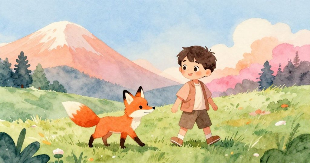 敘述者與狐狸在山腳下同行，互動親切，藍天與綠意映襯下令人心安與溫暖。
