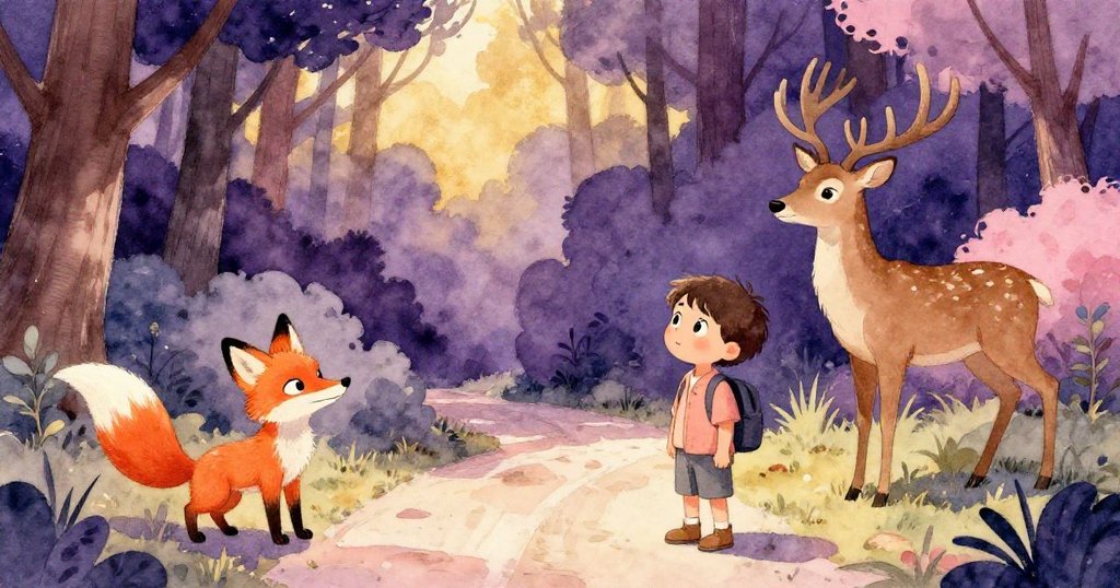 敘述者於分岔路前沉思決策，狐狸展示驚喜，鹿優雅歌唱，溫馨場景富含選擇與支持情感。