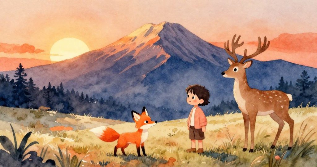 在平靜全景中，敘述者與狐狸、鹿共享自然美好時光，山脈與飛鳥襯托下笑容真摯，充滿祥和與喜悅。