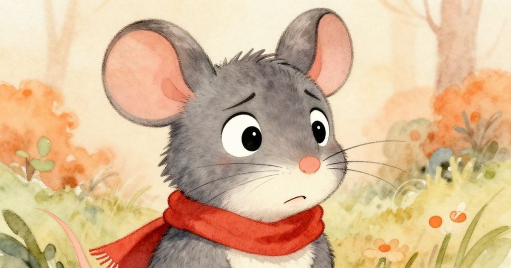 老鼠 Milo 特寫焦慮神情，眼中映出決心與憂慮，背景隱約呈現公園風景，情感豐富。