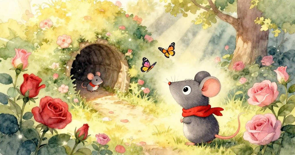 老鼠 Milo 從小動物視角發現秘密園地，玫瑰盛放蝴蝶起舞，灌木下隱藏著神秘隧道，充滿驚奇。
