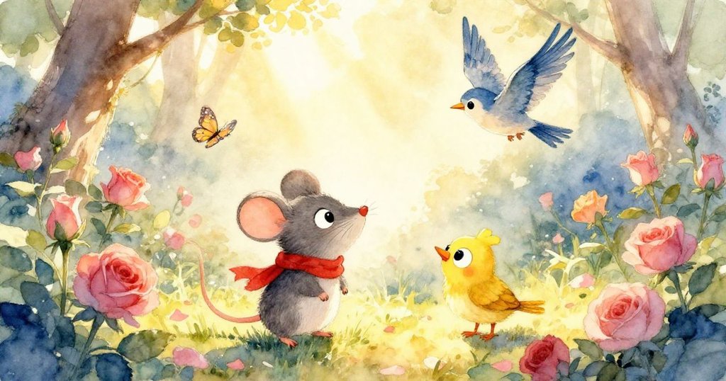 秘密園地晨光熹微，花朵綻放蝴蝶飛舞，老鼠 Milo 驚喜凝望，鳥兒 Pip 翱翔間散發溫暖氣息。