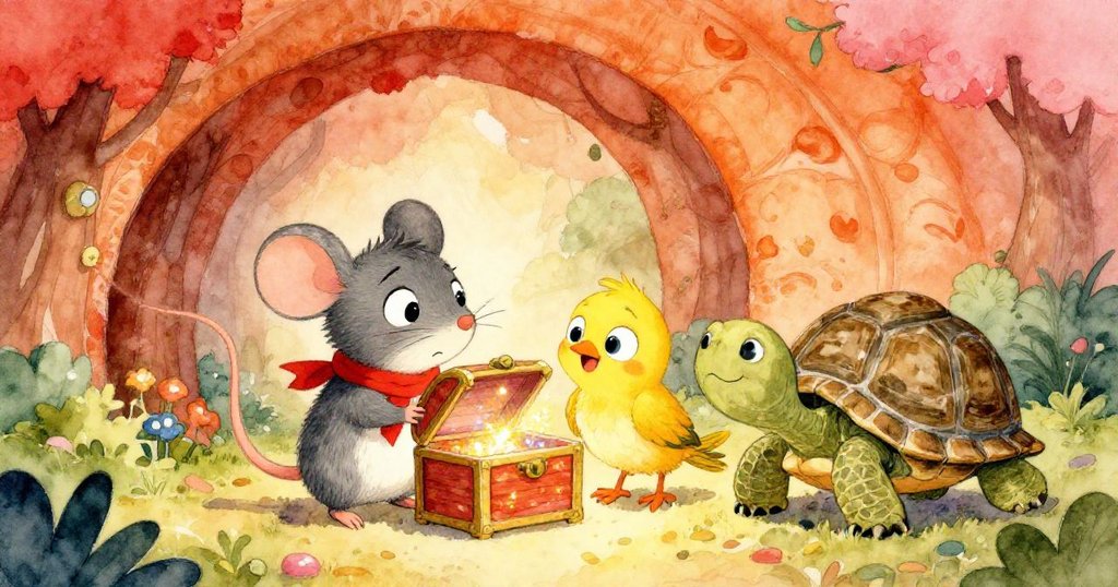 老鼠 Milo、鳥兒 Pip 與龜 Flick 聚集於秘密隧道開啟寶箱，興奮歡慶，寶箱閃爍光芒，溫馨場面感動人心。