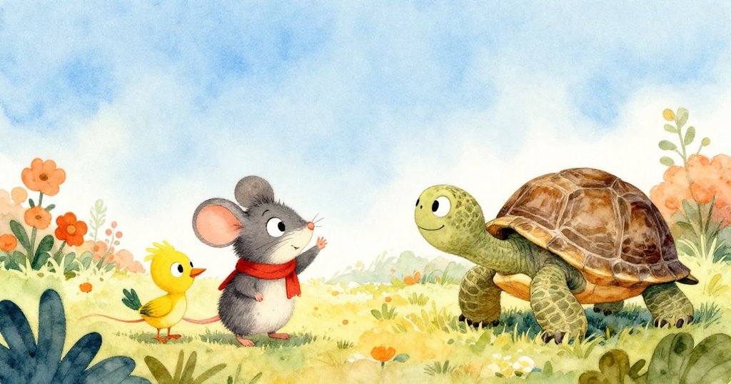 老鼠 Milo 與龜 Flick、鳥兒 Pip 在藍天下揮手道別，溫暖告別冒險旅程，充滿愉悅與感激之情。