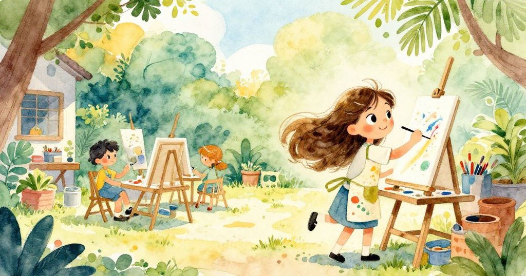 Mia在明亮早晨的戶外工作室中動感揮筆作畫，窗外景色美麗，臉上滿是專注與喜悅情緒