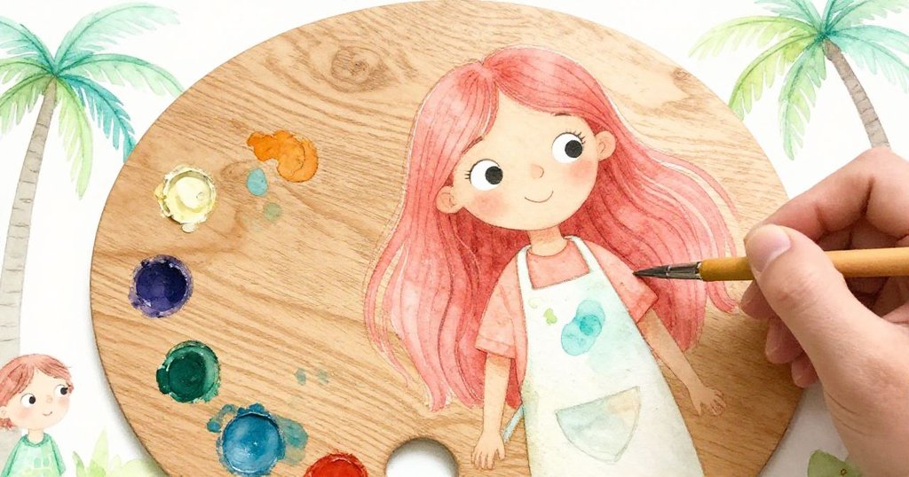 Mia專注地握著充滿木紋細節的調色板，近距離展現她手中微妙的質感與創作準備情景