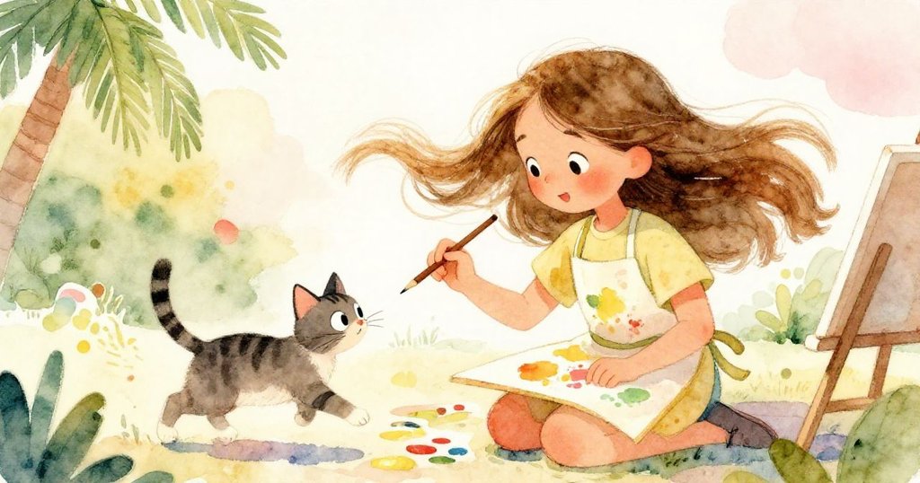 Mia在戶外輕風中作畫，樹葉與顏料輕舞飛揚，貓咪好奇觀望場面充滿動態與活力