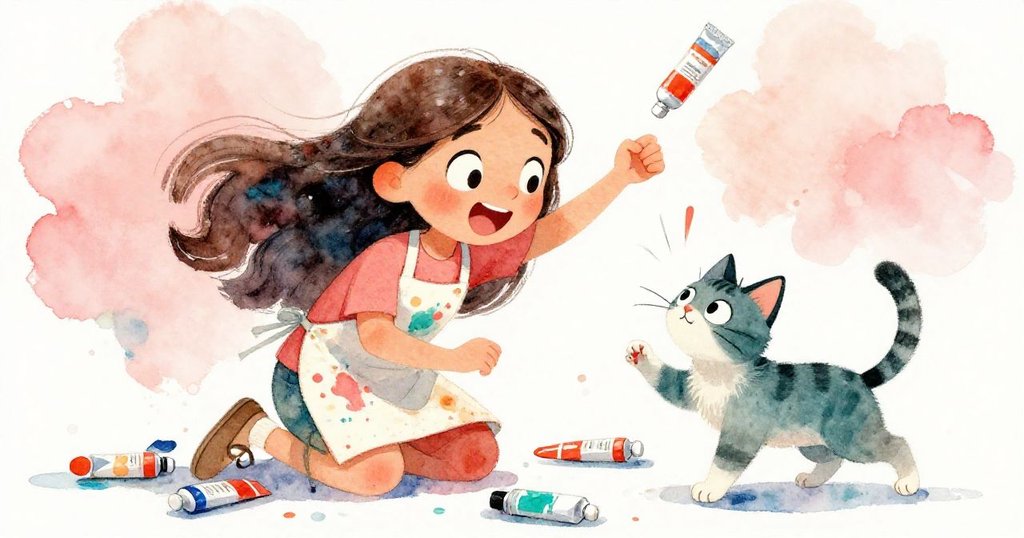 Mia大膽揮筆創作時驚喜大笑，貓咪在散落的顏料管間穿梭跳躍，展現出意外快樂與互動趣味的瞬間