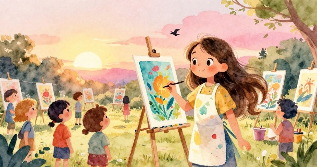 Mia在黃昏溫暖光輝下展示耀眼創作，滿懷喜悅與鄰居互動欣賞，現場充滿溫馨與成就感的情境