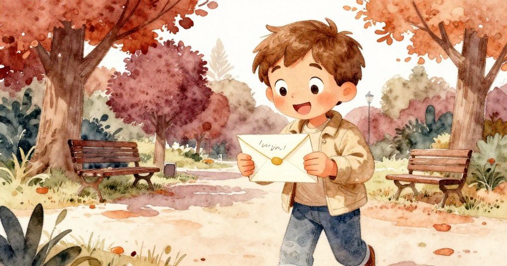 Benjamin在公園中仔細閱讀朋友來信，手捧信封神情好奇，背景綠樹環繞，充滿溫馨與期待。